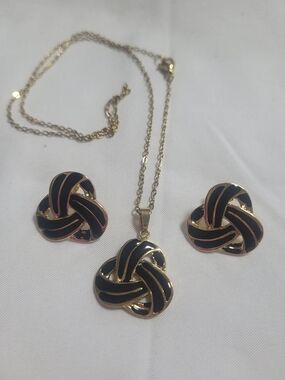 Gold-Tone Black Enamel Knot Pendant Necklace and Earring Set